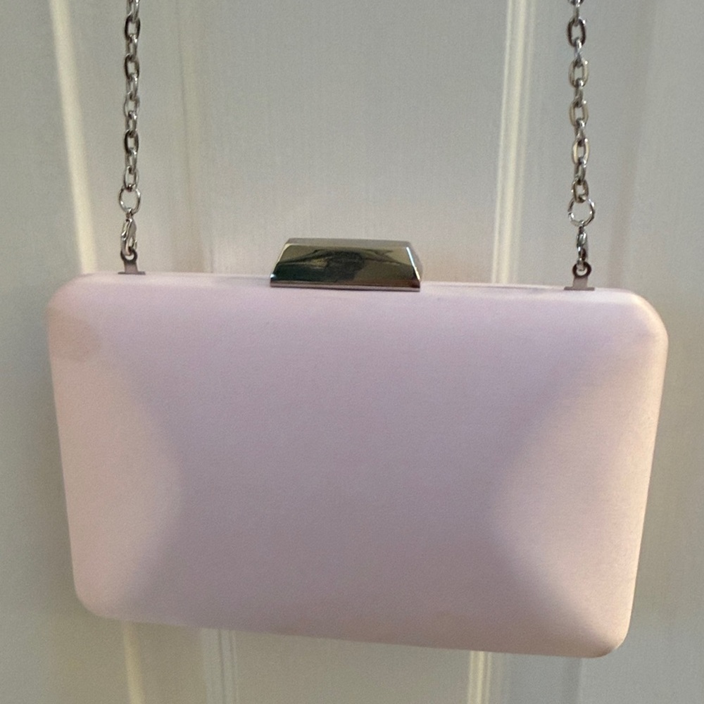 satin blush Pink Clutch evening Bag with silver chain and rhinestone handle